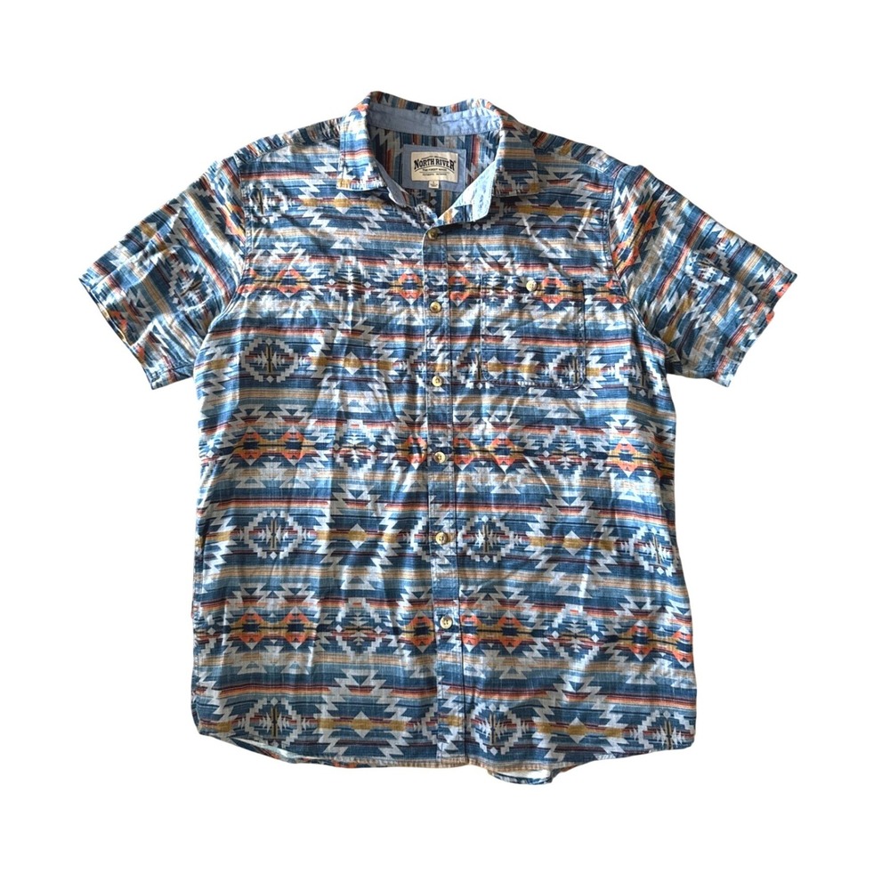 North River Mens Southwestern Aztec Shirt Short Sleeve L Blue Tribal Button Up